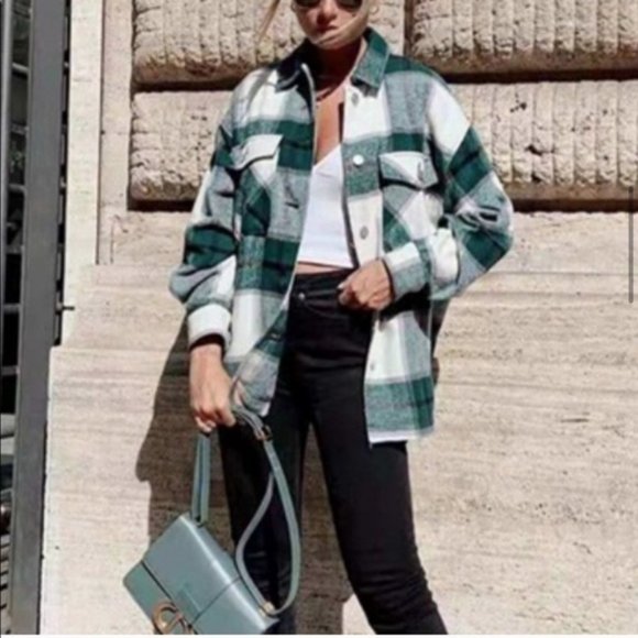 New Plaid Stripe Oversized Flannel Shirt Shacket Jacket Coat Western - Picture 8 of 10